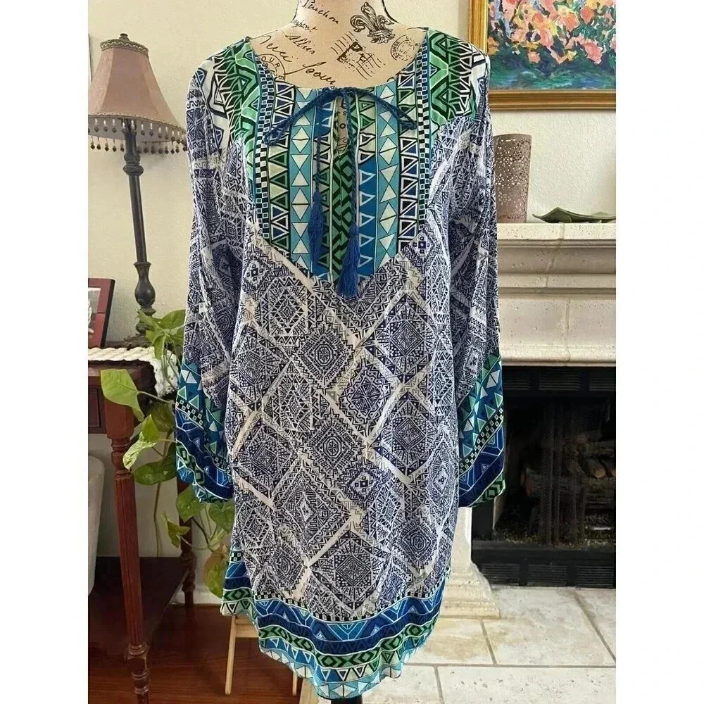 Umgee Women's Dress Size Large‎ Blue Geometric Bohemian Hippie Cotton Blend